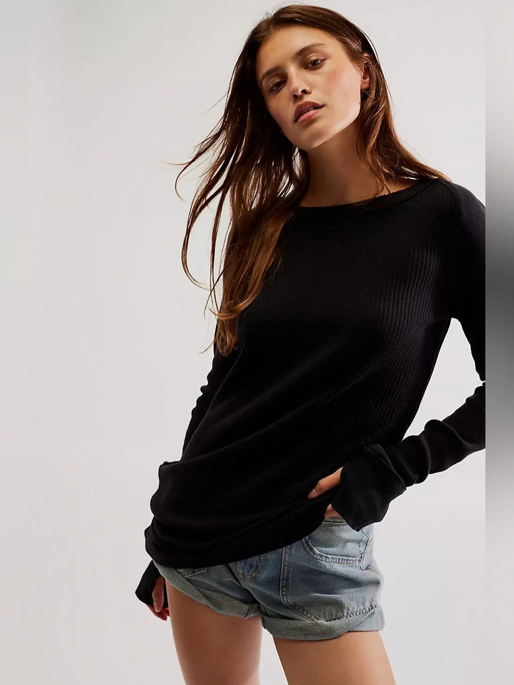 Free People NWT We The Free Care FP Honey B Crew Neck Shirt, Black Size M